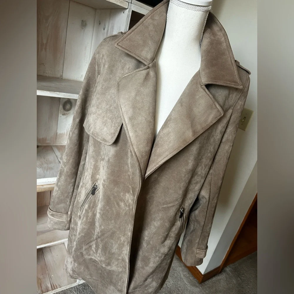MAGASCHONI Tan Faux Suede Open Front Jacket Size Large - Picture 6 of 14